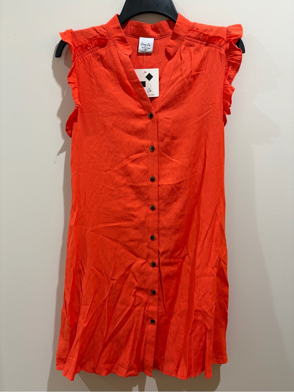 Cozy Casual Orange Button-Front Ruffle Sleeve Dress